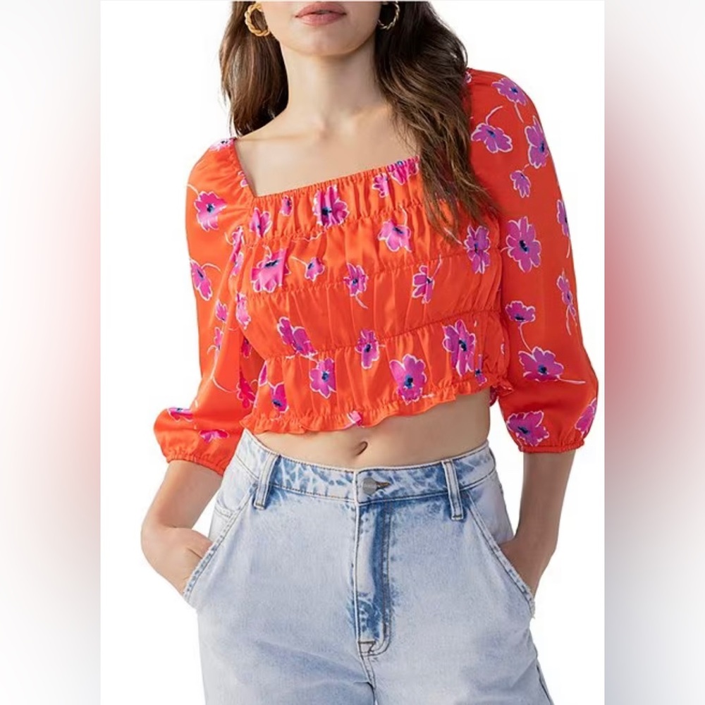 SANCTUARY Woven Satin Floral Square Neck Puff Sleeve Top SIZE M NEW WITH TAGS